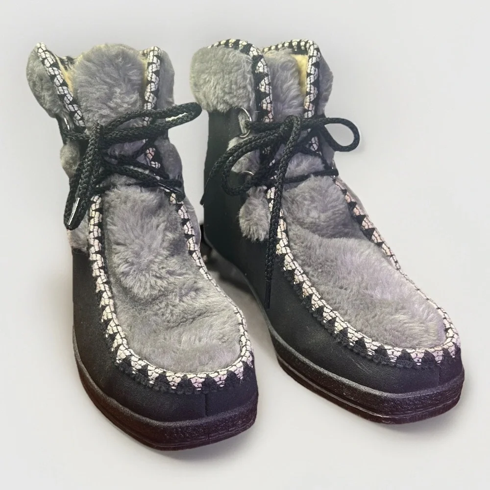Vintage 60s Snowland Fleece Lined‎ Suede Leather Nordic Snow Boots Black Size 8
